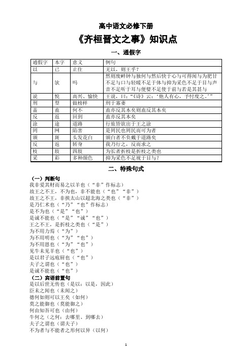 高中语文部编版必修下册第1课《齐桓晋文之事》知识点整理