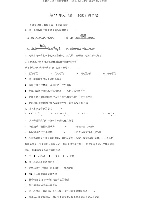 人教版化学九年级下册第11单元《盐化肥》测试试题(含答案)