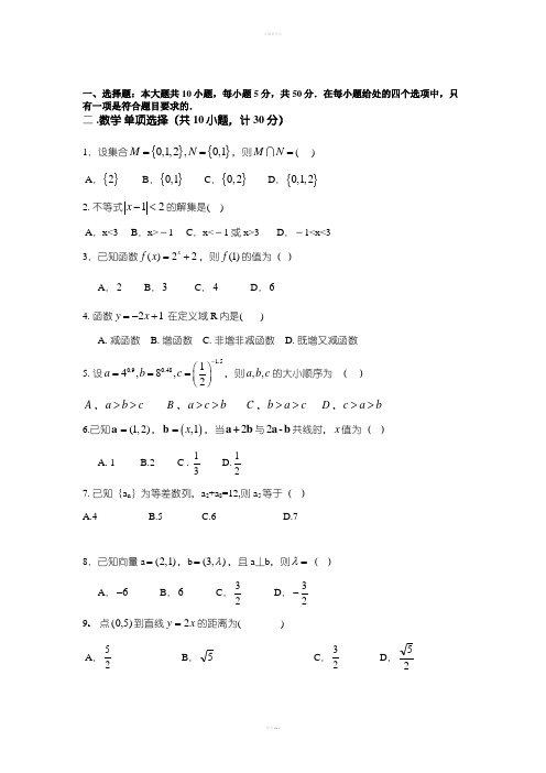 2016四川高职单招数学试题(附答案)