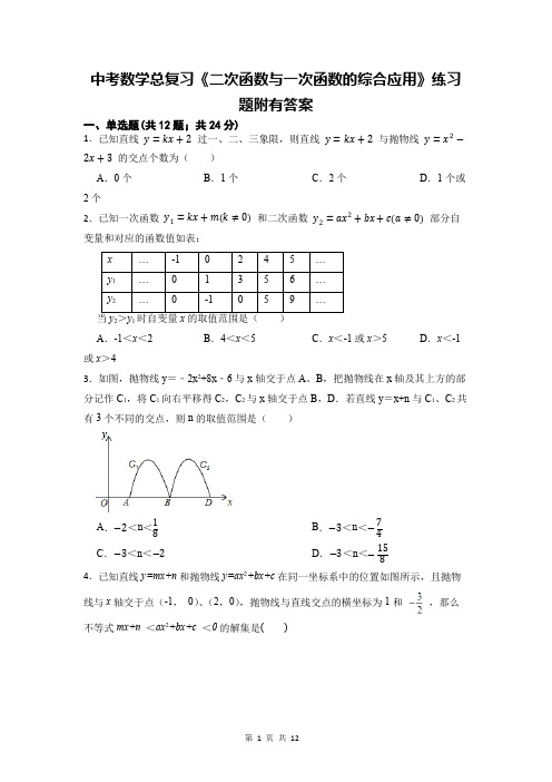 中考数学总复习《二次函数与一次函数的综合应用》练习题附有答案