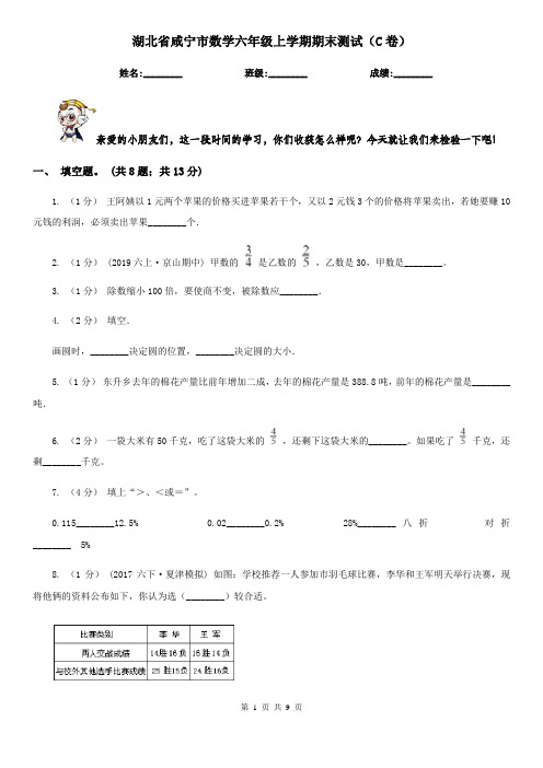 湖北省咸宁市数学六年级上学期期末测试(C卷)