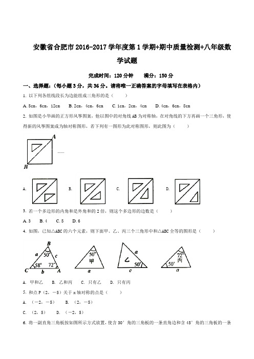 安徽省合肥市2016~2017学年度第1学期 期中质量检测 八年级数学试题(Word版附答案)(原卷版)