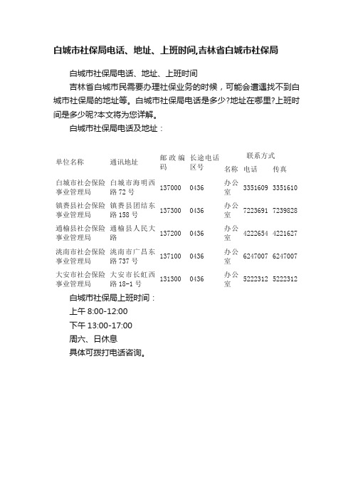 白城市社保局电话、地址、上班时间,吉林省白城市社保局