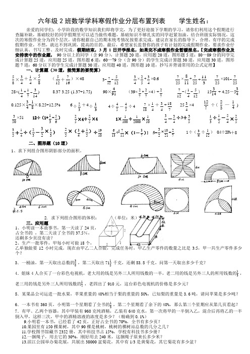 六年级2班数学学科寒假作业分层布置列表