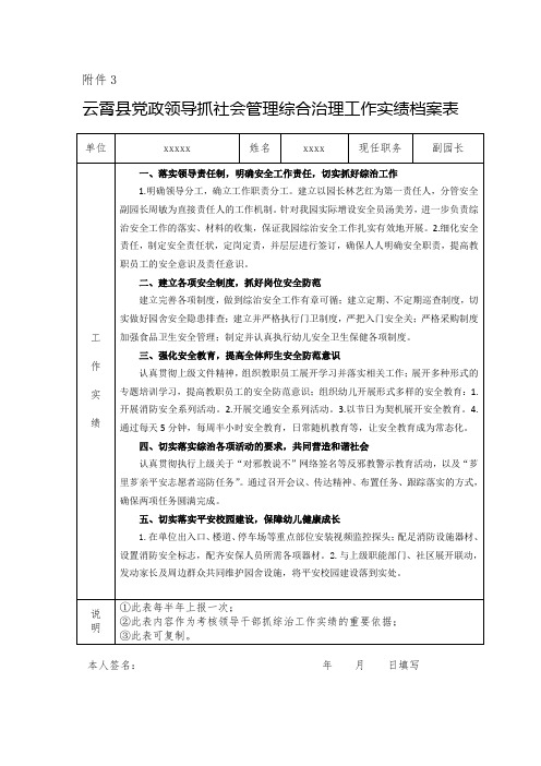 领导抓社会管理综合治理工作实绩档案表