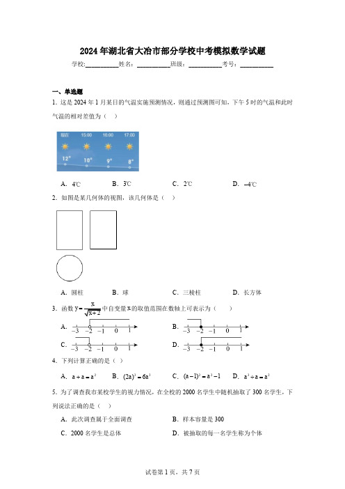 2024年湖北省大冶市部分学校中考模拟数学试题