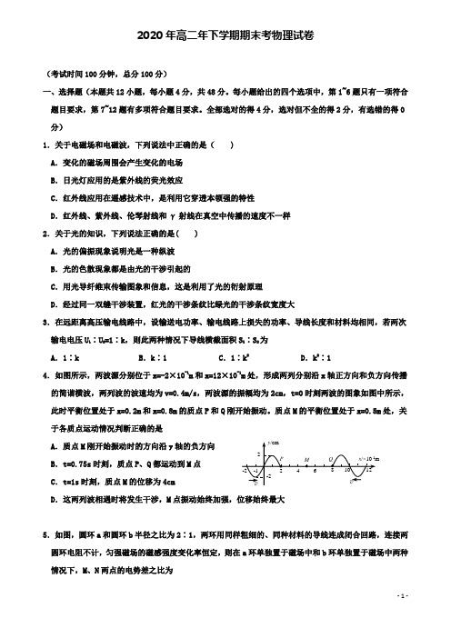 福建省泉州市四校2020学年高二物理下学期期末联考试题