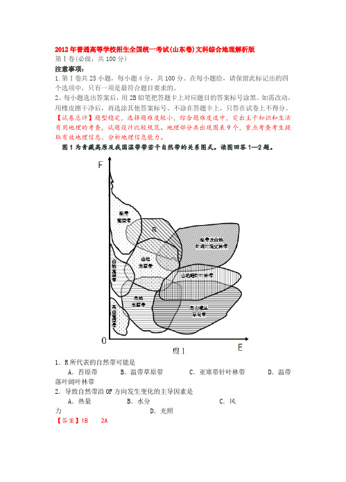 2012年山东高考文综地理试题答案及解析