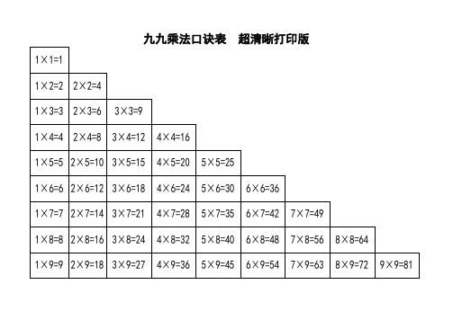 九九乘法口诀表(超清晰打印版)