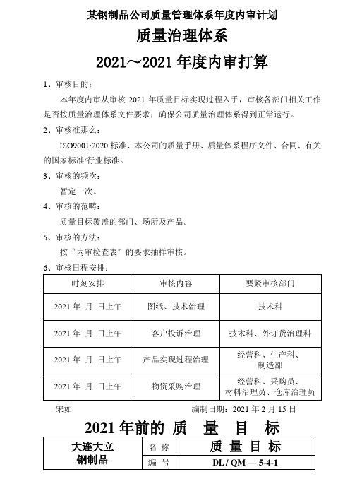 某钢制品公司质量管理体系年度内审计划