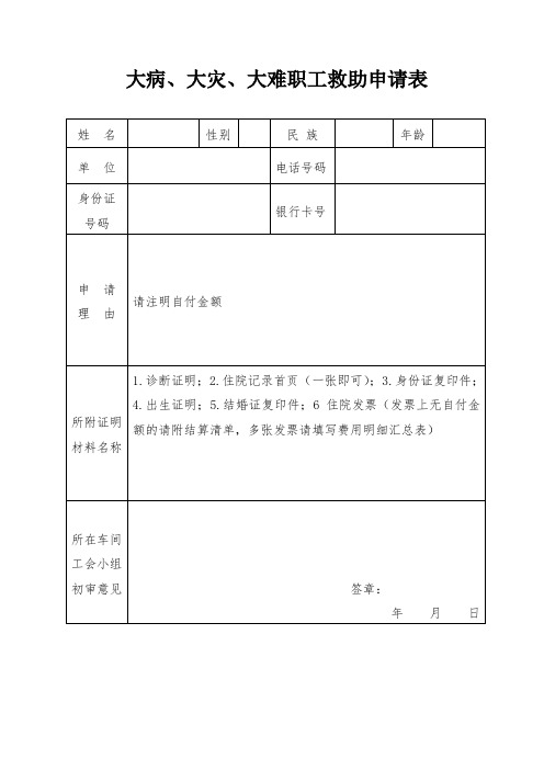 集团大病大灾大难职工救助申请表