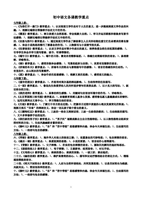 初中语文各课教学重点