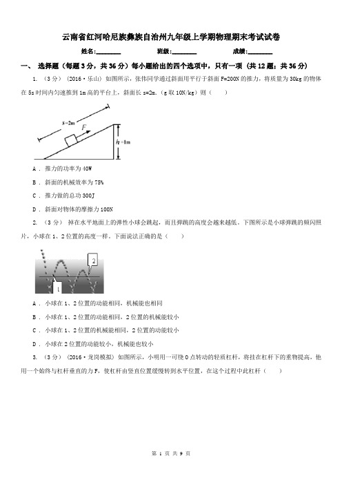 云南省红河哈尼族彝族自治州九年级上学期物理期末考试试卷