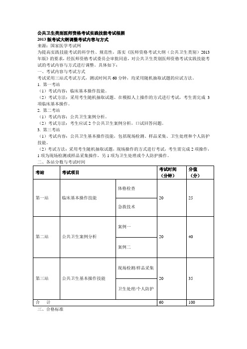 2013版公共卫生类别医师资格考试实践技能考试大纲调整考试内容与方式