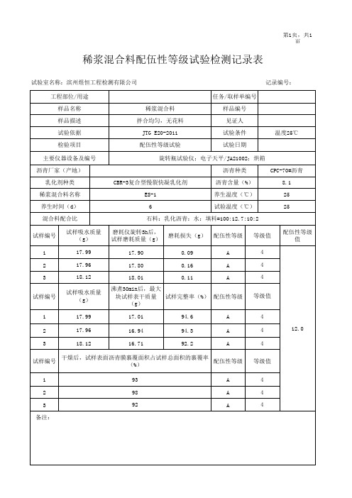 (8)稀浆混合料配伍性等级试验检测记录表