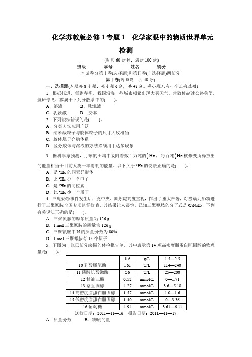 专题1化学家眼中的物质世界单元检测(附答案)