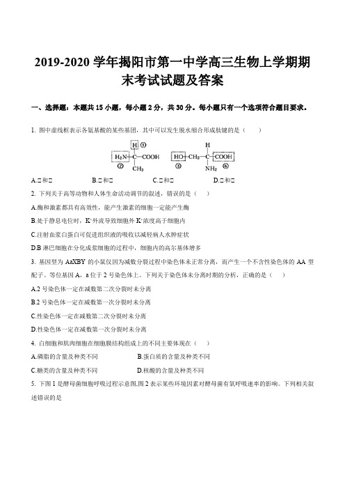 2019-2020学年揭阳市第一中学高三生物上学期期末考试试题及答案