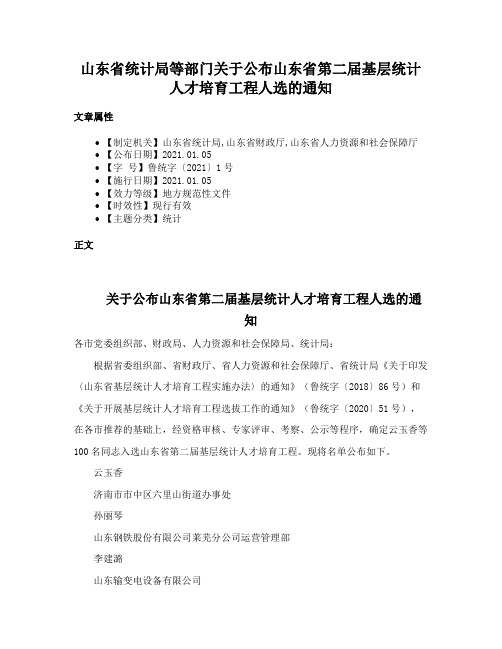 山东省统计局等部门关于公布山东省第二届基层统计人才培育工程人选的通知