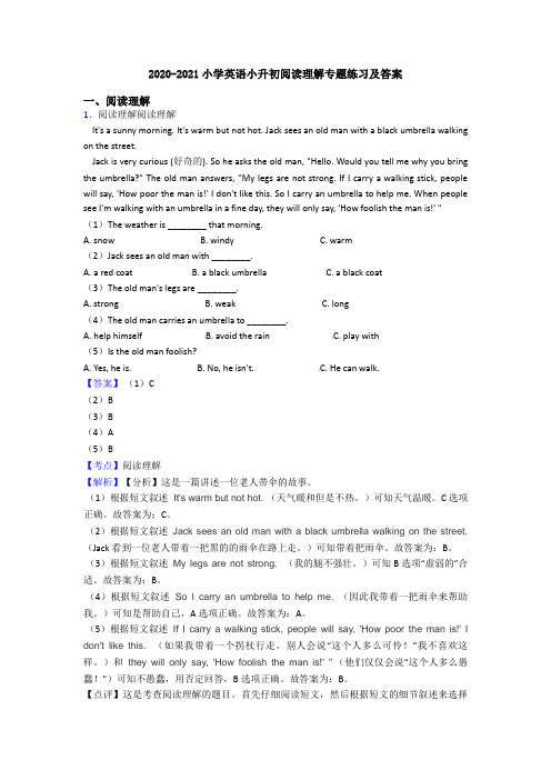 2020-2021小学英语小升初阅读理解专题练习及答案