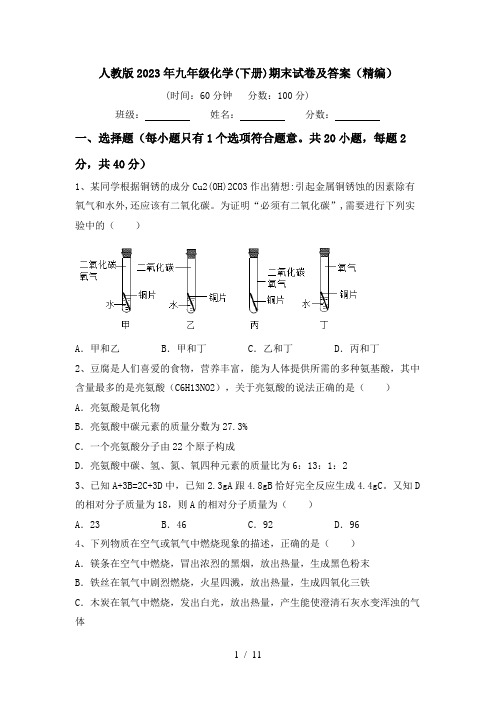 人教版2023年九年级化学(下册)期末试卷及答案(精编)