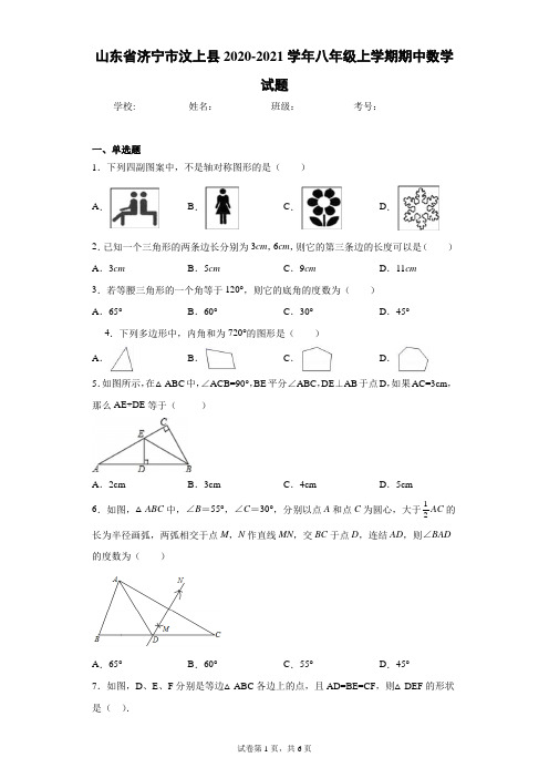 山东省济宁市汶上县2020-2021学年八年级上学期期中数学试题(含答案解析)