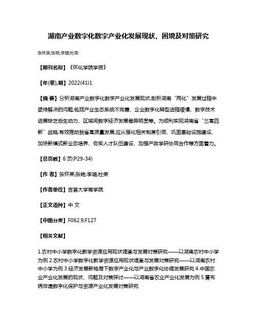 湖南产业数字化数字产业化发展现状、困境及对策研究