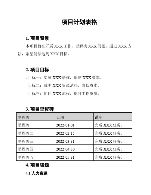 项目计划表格