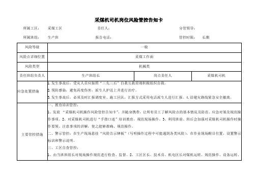 采煤机司机岗位风险管控告知卡