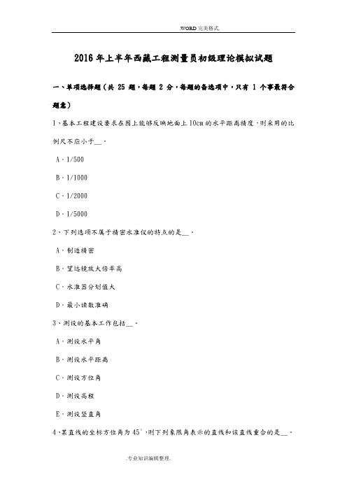 2017上半年西藏工程测量员初级理论模拟考试题