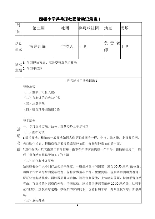 四棚小学乒乓球社团活动记表