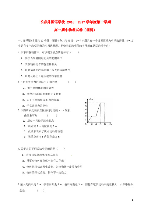 吉林省长外国语学校高一物理上学期期中试题