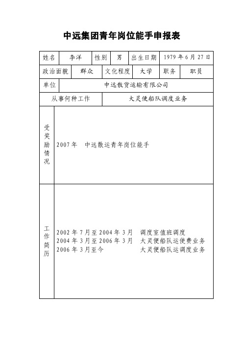 中远集团青年岗位能手申报表