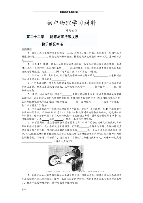 人教版九年级物理河南省洛阳市东升二中《第二十二章能源与可持续发展》同步测试题.docx