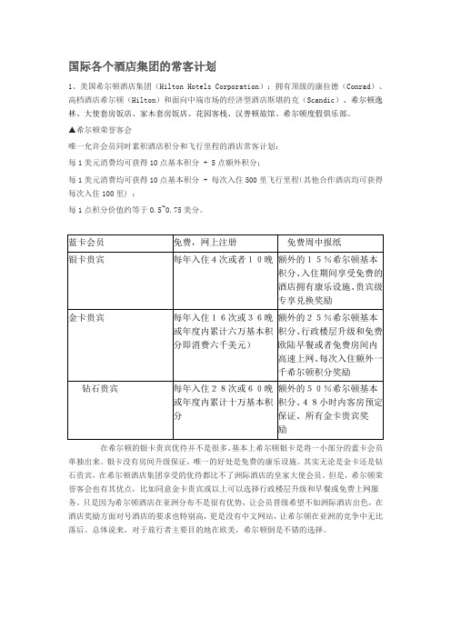 国际各个酒店集团的常客计划