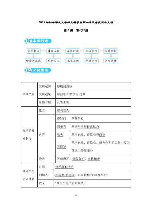 2023年人教版初中历史九年级上册学案第3课 古代印度