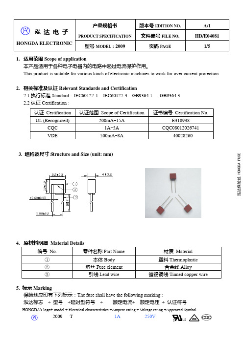 2009型 T1A250V方形保险丝规格书