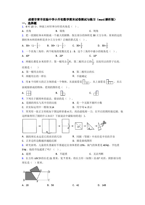 成都市青羊实验中学小升初数学期末试卷测试与练习(word解析版)