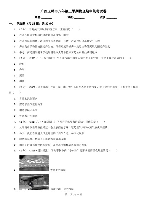 广西玉林市八年级上学期物理期中统考试卷