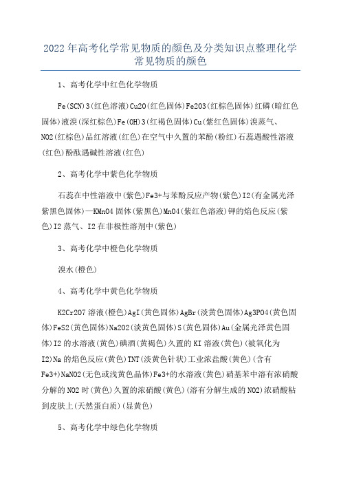 2022年高考化学常见物质的颜色及分类知识点整理化学常见物质的颜色