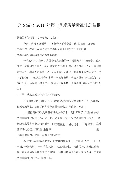 兴安煤业一季度质量标准化工作书面总结季度版