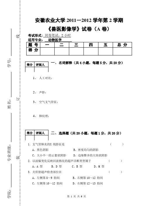 2012兽医影像学试卷A卷