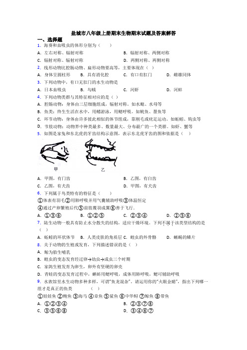 盐城市八年级上册期末生物期末试题及答案解答