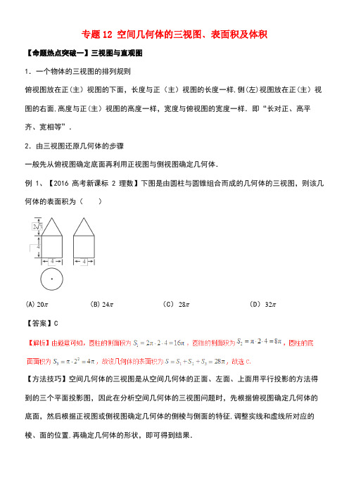 高考数学(考点解读+命题热点突破)专题12空间几何体的三视图﹑表面积及体积理