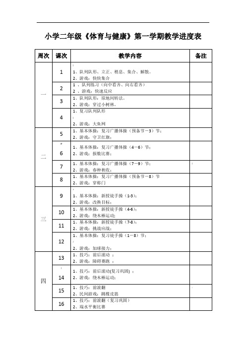 小学二年级《体育与健康》第一学期教学进度表