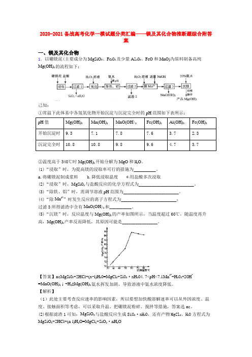 2020-2021备战高考化学一模试题分类汇编——镁及其化合物推断题综合附答案