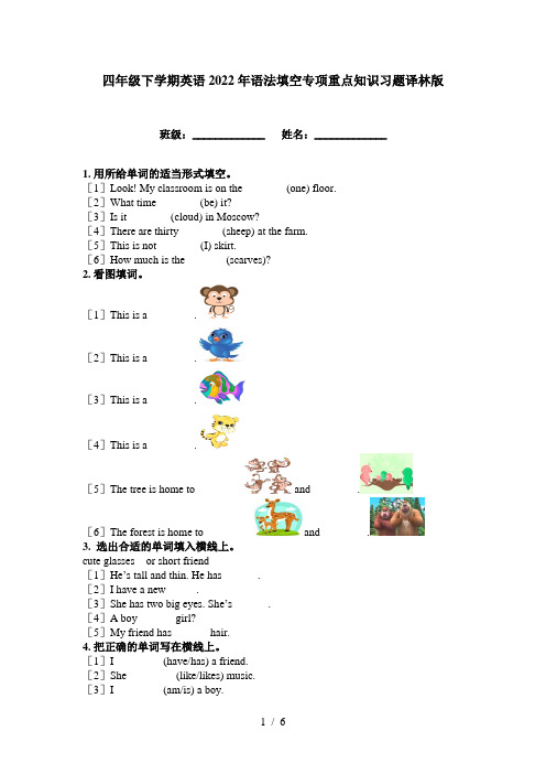 四年级下学期英语2022年语法填空专项重点知识习题译林版