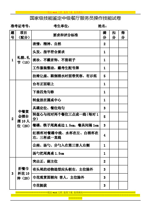 中级餐厅服务员操作技能考核评分记录表