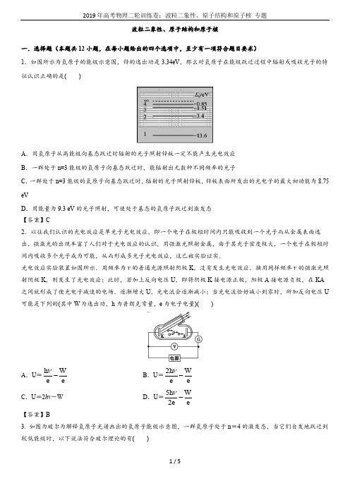 2019年高考物理二轮训练卷：波粒二象性、原子结构和原子核 专题