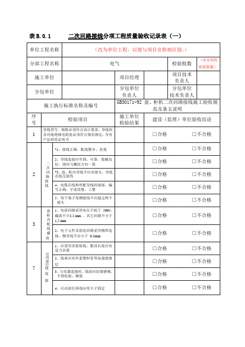 二次回路接线工程分项工程质量验收记录表