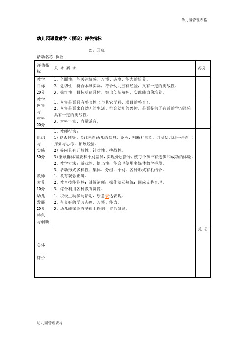 【幼儿园管理表格】幼儿园课堂教学(预设)评估指标